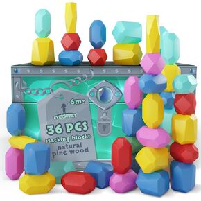 36 Pcs Wooden Stacking Blocks – Montessori Toys for 1 2 3 4 5 6 Year Old Toddlers and Kids, XL Rocks, No Choking Hazard – Sensory STEM Building Stones, for Girls and Boys in Saudi Arabia