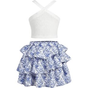 Floerns Toddler Girl's 2 Piece Outfit Rib Knit Cami Top Layered Hem Floral Skirts Sets