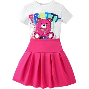 WDIRARA Girl's 2 Piece Outfit Cartoon Bear Print Round Neck Short Sleeve T Shirt and Pleated A Line Skirt Set