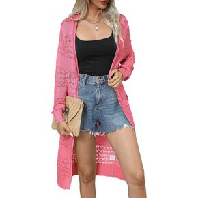 LYHNMW Women's Casual Lightweight Crochet Cardigan Sweater Long Sleeve Open Front Knitt Boho Beach Coverups with Pockets