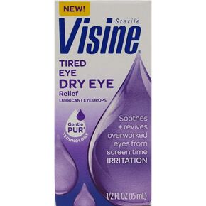 Visine Dry Eye Relief Tired Eye Lubricant Eye Drops, Moisturizing & Soothing Sterile Drops for Irritated, Dry & Tired Eyes Due to Screen Time Irritation, Polyethylene Glycol, 0.5 fl. Oz (Pack of 3)