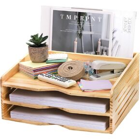 DEAYOU Wood Letter Tray Desk Organizer, 3 Tier Desktop File Rack Document Holder, A4 Paper Storage Tray Mail Sorter for Folders, Binders, Magazines, Office, Home, School