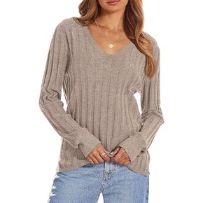 MEROKEETY Women's 2024 Fall V Neck Sweater Long Sleeve Ribbed Knit Casual Slim Fitted Pullover Top
