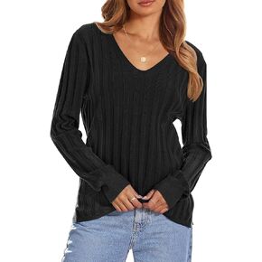 MEROKEETY Women's 2024 Fall V Neck Sweater Long Sleeve Ribbed Knit Casual Slim Fitted Pullover Top