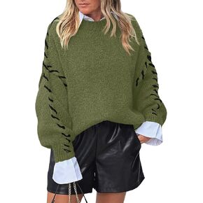 Saodimallsu Womens Oversized Sweaters Crew Neck Puff Long Sleeve Knit Fall Loose Chunky Trendy Casual Pullover Top