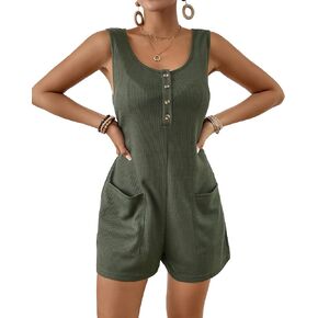Bsubseach Short Rompers for Women Summer Casual Jumper Shorts Sleeveless Button Down Jumpsuits with Pocket Beach Clothes