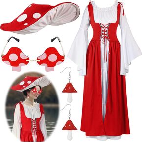 Renaissance Mushroom Medieval Costume with Hat Sunglasses Dangle Earrings Women Victorian Fairy Retro Dress Cosplay