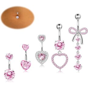 FIBO STEEL 14K Gold Plated Belly Button Ring for Women 316L Surgical Steel Dangle Belly Button Ring Pink Heart Navel Rings Barbell CZ Clicker Belly Piercings Jewelry Dangly 14G