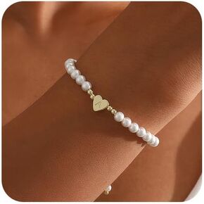 Gold Pearl Bracelets for Women, 14K Gold Plated Initial Bracelets for Women Heart Charm Bracelets Dainty Pearl Bracelets Jewelry for Women Trendy
