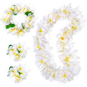 LovesTown 4PCS Hawaiian Lei Set, Green Luau Wreath Garland Hawaii Leis Flower Headpiece Necklace Bracelet Birthday Holiday Party Favor