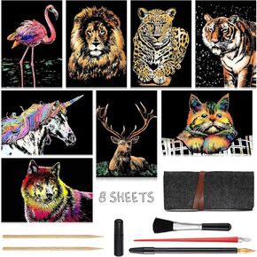 Scratch Art for Kids & Adults, Rainbow Painting Night View Scratchboard(A4), Crafts Set: 8 Sheets Scratch Cards with 6 tools in Bag - Unicorn/Flamingo/Cat/Deer/Lion/Tiger/Leopard/Wolf (Animal Series)