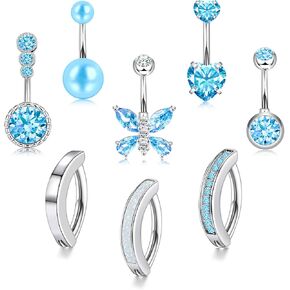 14G Belly Button Ring 8Pcs Belly Button Piercing Stainless Steel Belly Rings Cute CZ Heart Butterfly Clicker Belly Piercing Jewelry for Women