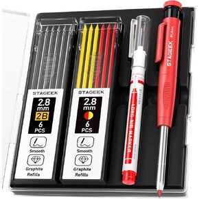 2PCS Carpenter Pencils with Sharpener, Heavy Duty Woodworking Tools, Mechanical Pencil Set with 26 Refills, Deep Hole Long Nib Marker Pens for Architect Marking with Case (Black, Red)