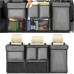 Car Trunk Organizer, Hanging Cargo Bag with Large Pockets, Zippers Detachable Seat Back Storage with Lids, Equipped with Elastic Net, Foldable Space Saving Expert for Car, SUV, Van (Black)