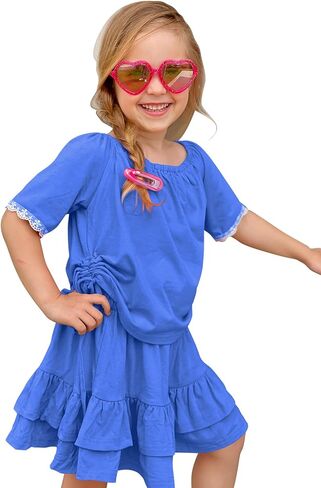 AGQT Toddler Outfits for Girls Summer 2 Piece Skirt Set Short Sleeve T-Shirt and Lotus Leaf Skirt Set 1-6 Years in Saudi Arabia