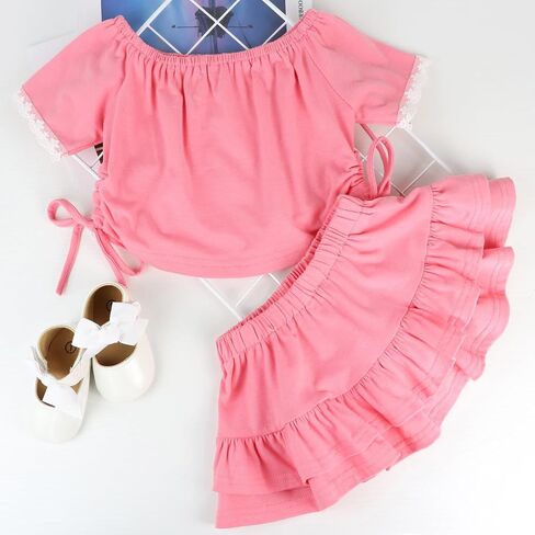 AGQT Toddler Outfits for Girls Summer 2 Piece Skirt Set Short Sleeve T-Shirt and Lotus Leaf Skirt Set 1-6 Years in Saudi Arabia