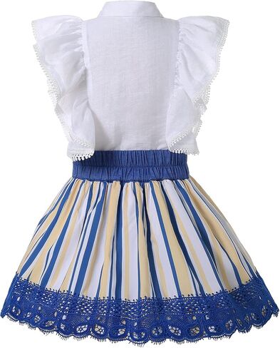 Pettigirl Girls Summer Elegant Blue Striped Lace Sundress Clothes Kids Birthday Prom Princess Dresses with Headband in Saudi Arabia