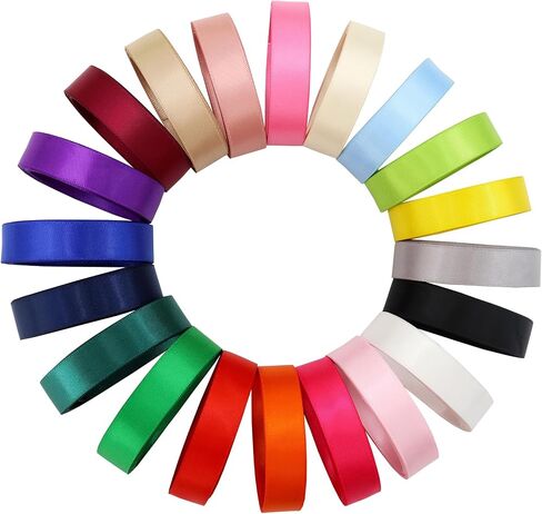 شريط ساتان بوليستر بعرض 5/8 بوصة بلون سادة مزدوج الجوانب 20 لونًا × 2 ياردة لكل منها إجمالي 40 ياردة لكل عبوة in Kuwait