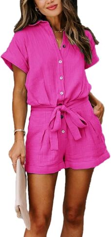 Women's Summer Button Down Rompers Belted Shirt Short Sleeve Jumpsuits with Pockets in Saudi Arabia