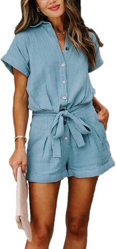 Women's Summer Button Down Rompers Belted Shirt Short Sleeve Jumpsuits with Pockets in Kuwait