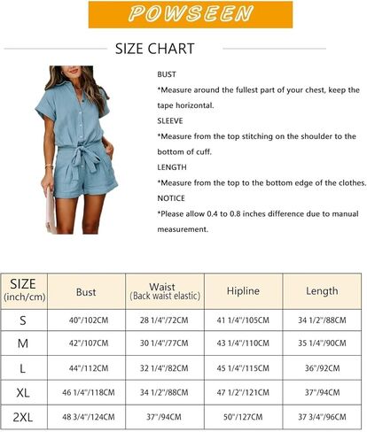 Women's Summer Button Down Rompers Belted Shirt Short Sleeve Jumpsuits with Pockets in Kuwait