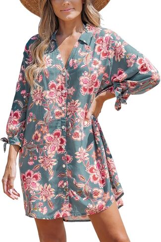 CUPSHE Women Floral Shirt Beach Cover Up Dress 3/4 Sleeve Cuff Tie Button Down Casual Mini Summer Fall Dresses Cover Ups in Saudi Arabia