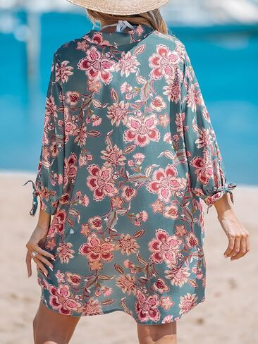 CUPSHE Women Floral Shirt Beach Cover Up Dress 3/4 Sleeve Cuff Tie Button Down Casual Mini Summer Fall Dresses Cover Ups in Saudi Arabia