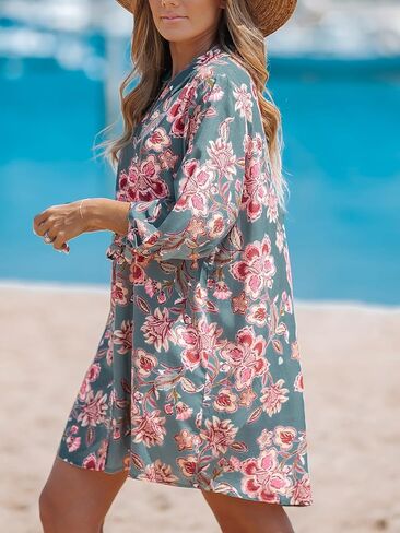 CUPSHE Women Floral Shirt Beach Cover Up Dress 3/4 Sleeve Cuff Tie Button Down Casual Mini Summer Fall Dresses Cover Ups in Saudi Arabia