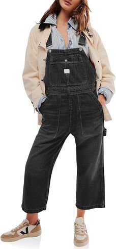 ملابس PLNOTME النسائية من قماش الدنيم كاجوال فضفاضة تناسب مريلة قابلة للتعديل وحزام واسع الساق كابري جان in Kuwait