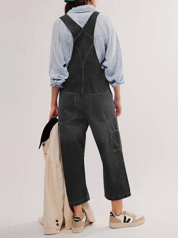 ملابس PLNOTME النسائية من قماش الدنيم كاجوال فضفاضة تناسب مريلة قابلة للتعديل وحزام واسع الساق كابري جان in Kuwait