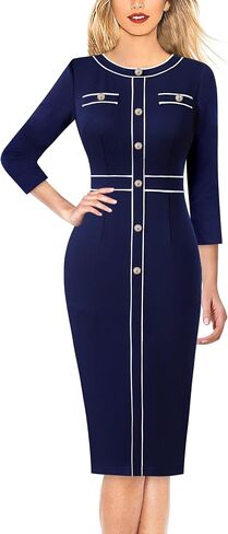 VFSHOW Womens Buttons Patchwork Work Business Office Party Bodycon Pencil Sheath Dress in Saudi Arabia