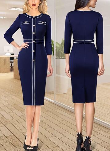 VFSHOW Womens Buttons Patchwork Work Business Office Party Bodycon Pencil Sheath Dress in Saudi Arabia