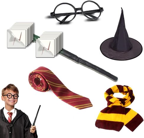 Wizard Cosplay Party Costumes Set - Striped Tie,Glasses Frame,Wizard hat,Magic Wand, Lightning Bolt Scar Tattoos, Striped Knit Scarf for Halloween,Birthday Cosplay Party Decorations-No Robe Yellow in Saudi Arabia