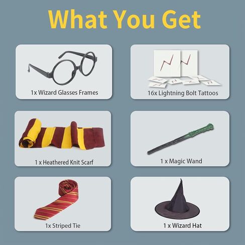 Wizard Cosplay Party Costumes Set - Striped Tie,Glasses Frame,Wizard hat,Magic Wand, Lightning Bolt Scar Tattoos, Striped Knit Scarf for Halloween,Birthday Cosplay Party Decorations-No Robe Yellow in Saudi Arabia