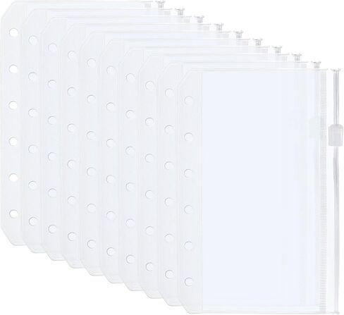 PATIKIL A7 Binder Pocket, 10 Pack PVC Zipper 6 Holes Binder Pouch Folders Document Waterproof Filing Storage Loose Leaf Bags for 6-Ring Notebook Binder, Clear in Saudi Arabia
