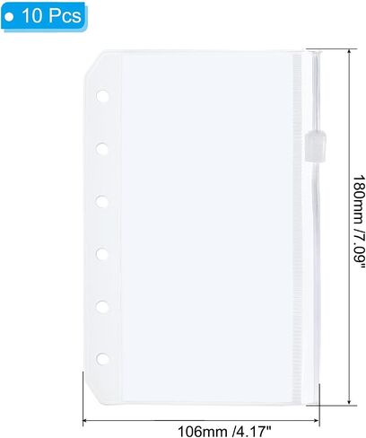 PATIKIL A7 Binder Pocket, 10 Pack PVC Zipper 6 Holes Binder Pouch Folders Document Waterproof Filing Storage Loose Leaf Bags for 6-Ring Notebook Binder, Clear in Saudi Arabia