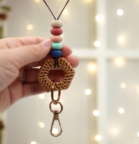 Boho Teacher Lanyard ID Badge Rattan Wood and Silicone Beads Lanyards for Women for Office Work Nurse Student in Saudi Arabia