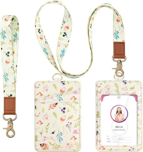 Lanyard with ID Holder, Leather Work Badge Holder with Wristlet &Neck Lanyard. Clear ID Window & 2 RFID Credit Card Slots, Cute for Women, Teachers, Offices, Staff, Students, Employees-Pink Flower in Saudi Arabia