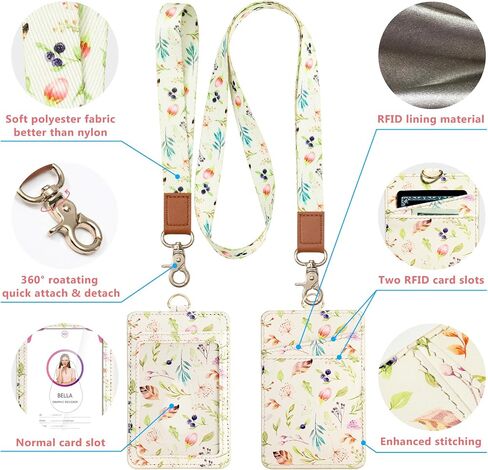 Lanyard with ID Holder, Leather Work Badge Holder with Wristlet &Neck Lanyard. Clear ID Window & 2 RFID Credit Card Slots, Cute for Women, Teachers, Offices, Staff, Students, Employees-Pink Flower in Saudi Arabia