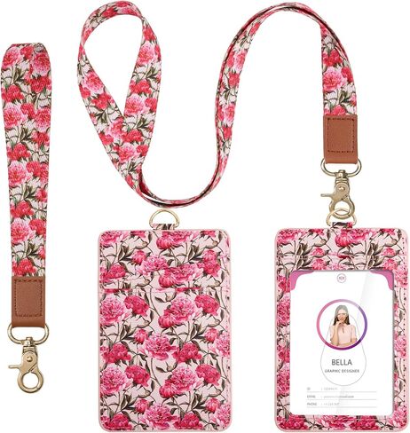 Lanyard with ID Holder, Leather Work Badge Holder with Wristlet &Neck Lanyard. Clear ID Window & 2 RFID Credit Card Slots, Cute for Women, Teachers, Offices, Staff, Students, Employees-Pink Flower in Saudi Arabia