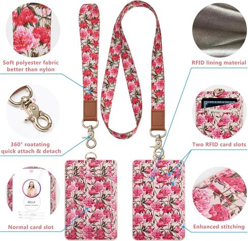 Lanyard with ID Holder, Leather Work Badge Holder with Wristlet &Neck Lanyard. Clear ID Window & 2 RFID Credit Card Slots, Cute for Women, Teachers, Offices, Staff, Students, Employees-Pink Flower in Saudi Arabia