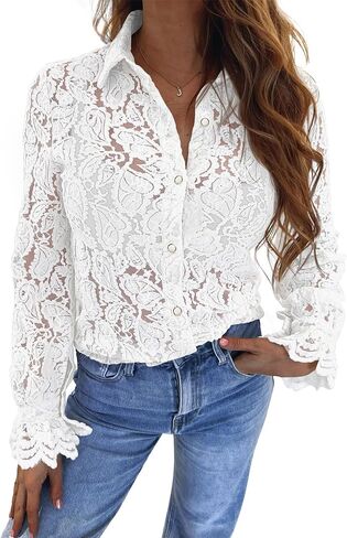 BTFBM Long Sleeve Lace Blouses for Women Dressy Casual Button Down Shirts Date Night Outfit Club Party Tops Shirt Blouse in Saudi Arabia