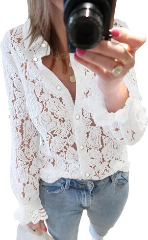 BTFBM Long Sleeve Lace Blouses for Women Dressy Casual Button Down Shirts Date Night Outfit Club Party Tops Shirt Blouse in Saudi Arabia