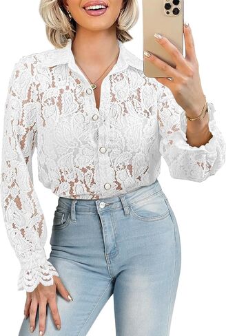 BTFBM Long Sleeve Lace Blouses for Women Dressy Casual Button Down Shirts Date Night Outfit Club Party Tops Shirt Blouse in Saudi Arabia