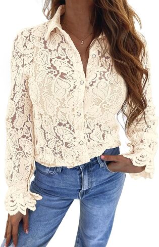 BTFBM Long Sleeve Lace Blouses for Women Dressy Casual Button Down Shirts Date Night Outfit Club Party Tops Shirt Blouse in Saudi Arabia