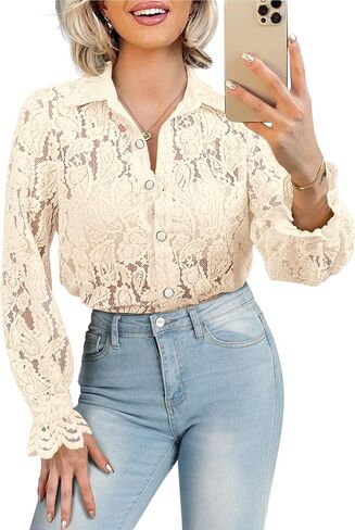 BTFBM Long Sleeve Lace Blouses for Women Dressy Casual Button Down Shirts Date Night Outfit Club Party Tops Shirt Blouse in Saudi Arabia