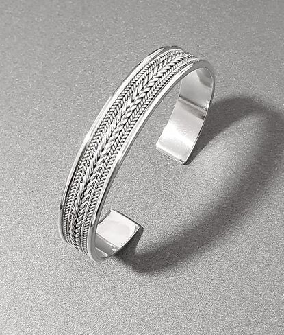 Men's Silver Bracelet and Bangle - 925 Sterling Silver Braided Open Cuff Bangle For Women and Men Adjustable - Jewelry Gift for Him and Her in Saudi Arabia