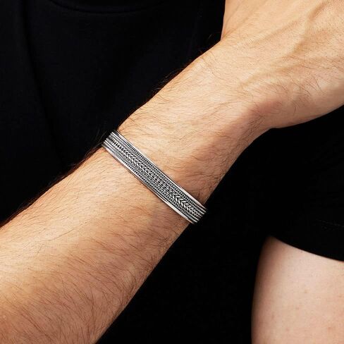 Men's Silver Bracelet and Bangle - 925 Sterling Silver Braided Open Cuff Bangle For Women and Men Adjustable - Jewelry Gift for Him and Her in Saudi Arabia