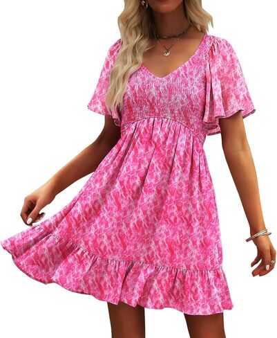 Womens Cute Smocked V Neck Flutter Sleeve Mini Dresses with Pockets Casual Flowy Summer Sundress for Women 2024 in Saudi Arabia