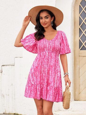 Womens Cute Smocked V Neck Flutter Sleeve Mini Dresses with Pockets Casual Flowy Summer Sundress for Women 2024 in Saudi Arabia